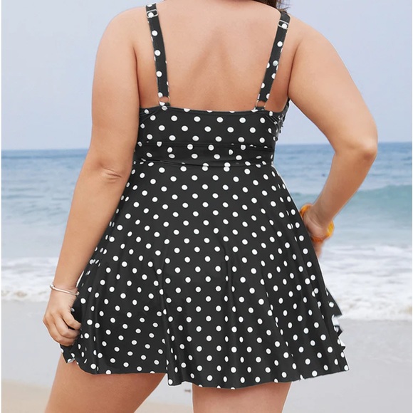 Size 22 - 24 • 3x • BloomChic • black Polka Dot Crossover Flutter Hem Swim Dress - Picture 5 of 7